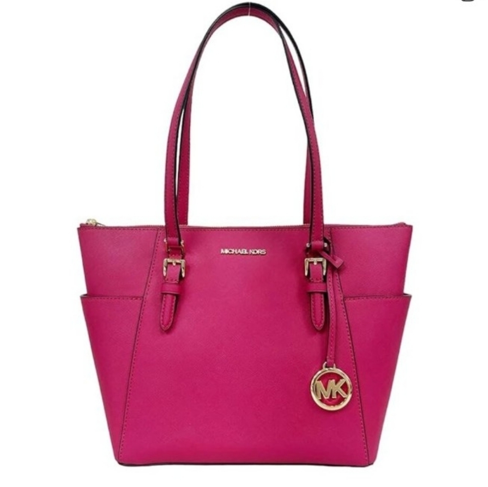 Michael Kors Charlotte Large Hot Pink Fuchsia Tote Bag Jet Set Purse Magenta - Picture 1 of 8